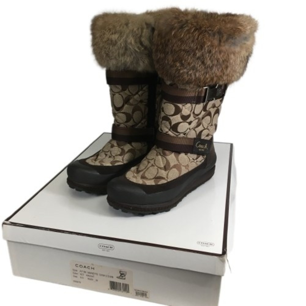 Coach Mariette Winter Snow Boot Sz 6M A7185 Signature Canvas Suede Fur Trim
